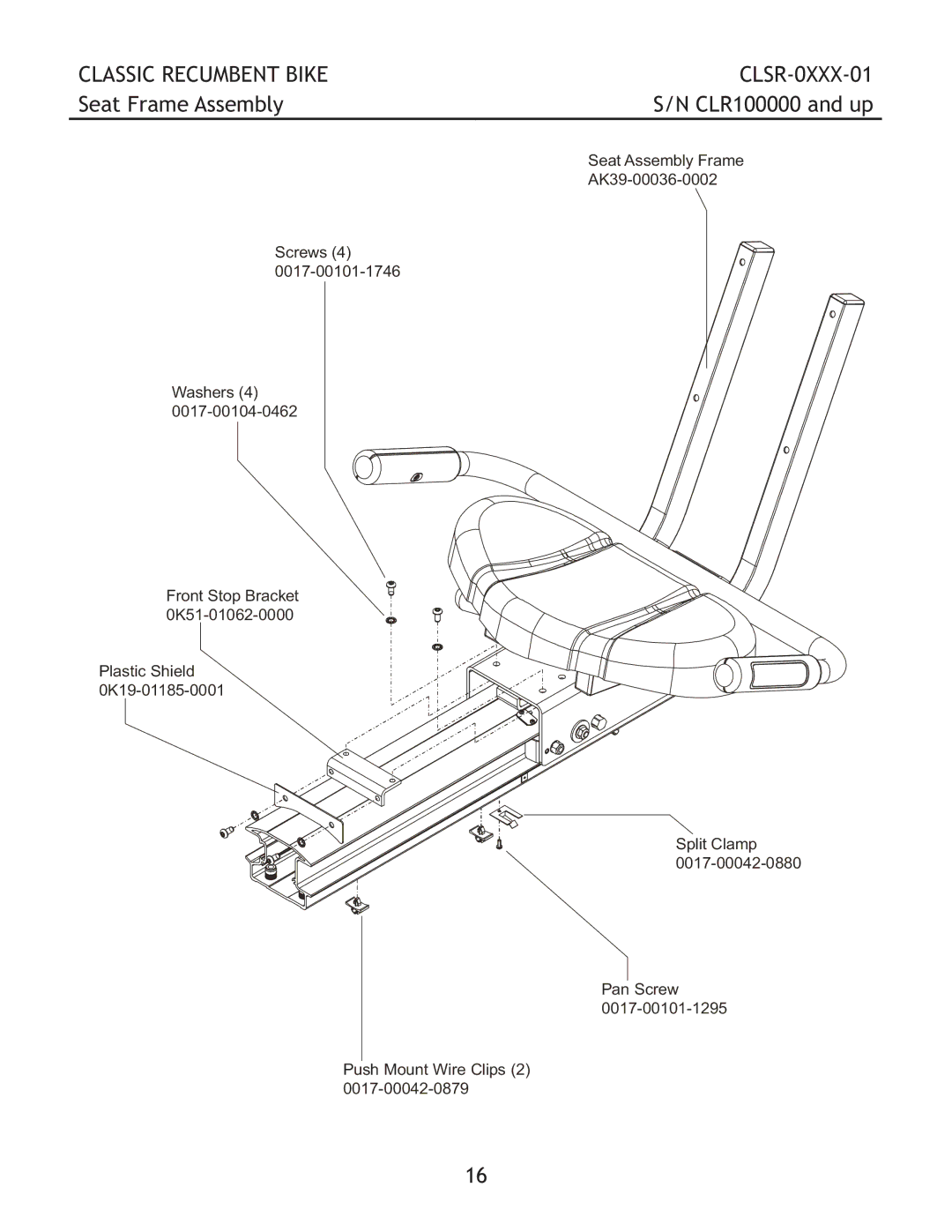 Life Fitness clsr-0xxx1-01 manual Seat Frame Assembly CLR100000 and up 