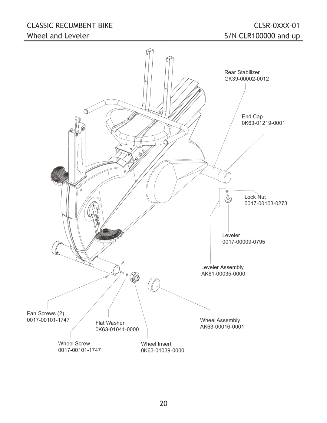 Life Fitness clsr-0xxx1-01 manual Classic Recumbent Bike CLSR-0XXX-01, Wheel and Leveler 