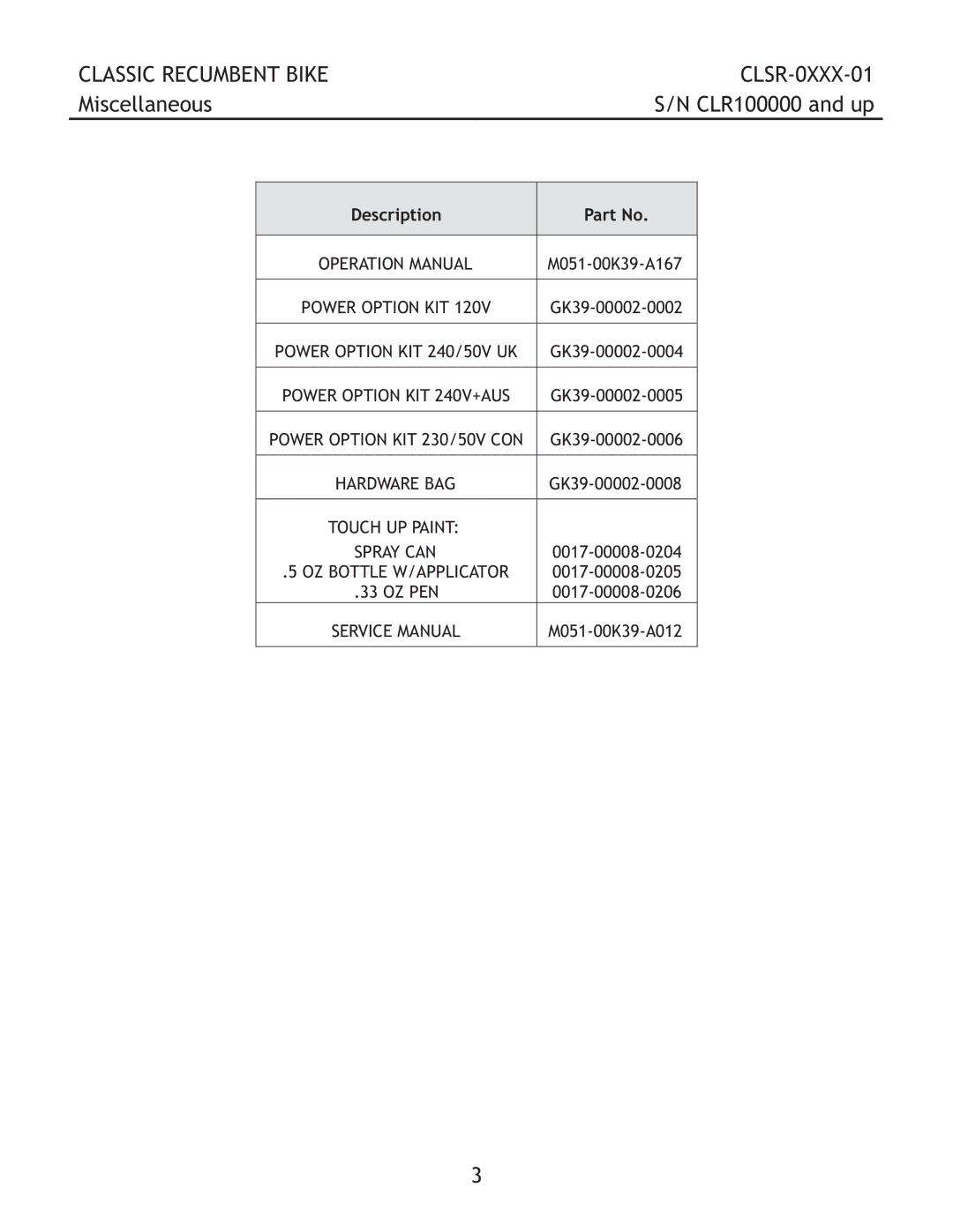 Life Fitness clsr-0xxx1-01 manual Miscellaneous, M051-00K39-A167 