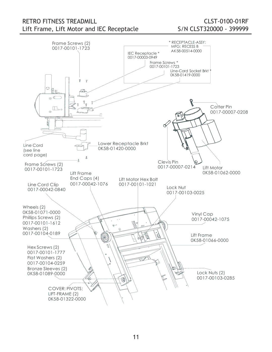 Life Fitness CLST-0100-01RF manual Lift Frame, Lift Motor and IEC Receptacle, Frame Screws 2 