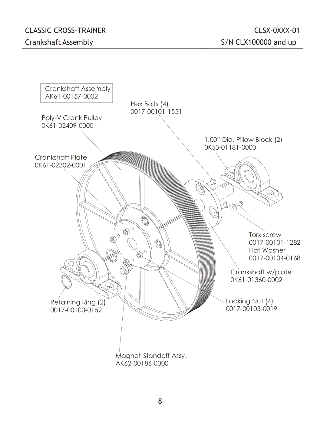 Life Fitness CLSX-0XXX-01 manual Crankshaft Assembly CLX100000 and up 