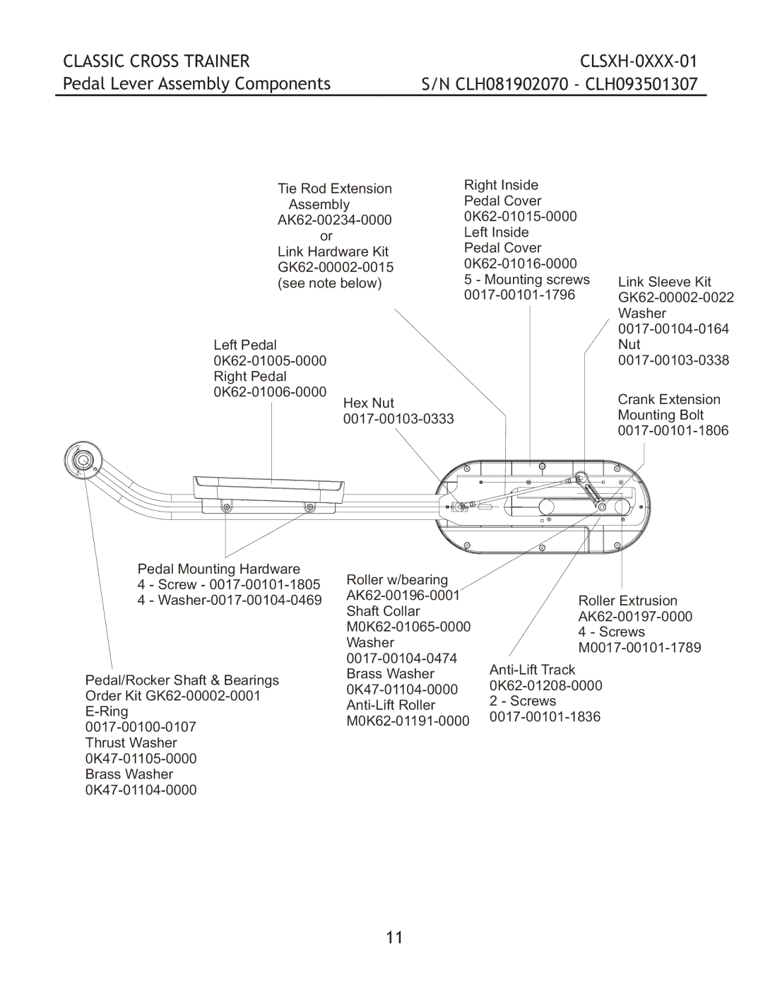 Life Fitness CLSXH-0XXX-01 manual Pedal Lever Assembly Components 