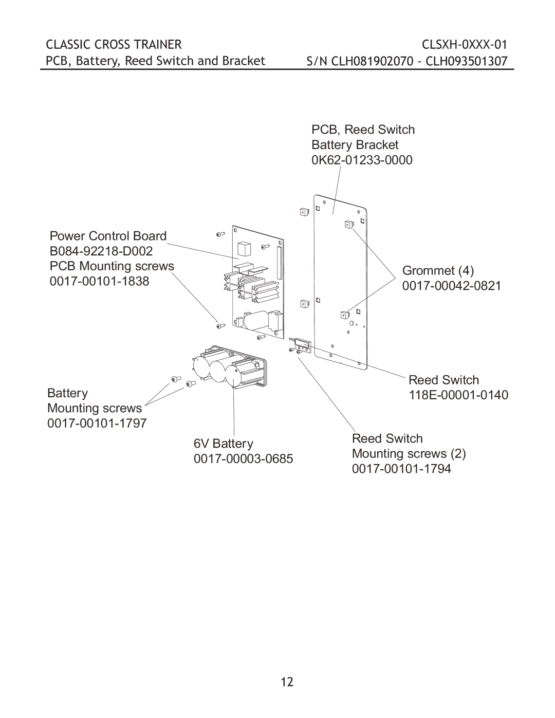 Life Fitness CLSXH-0XXX-01 manual PCB, Battery, Reed Switch and Bracket 