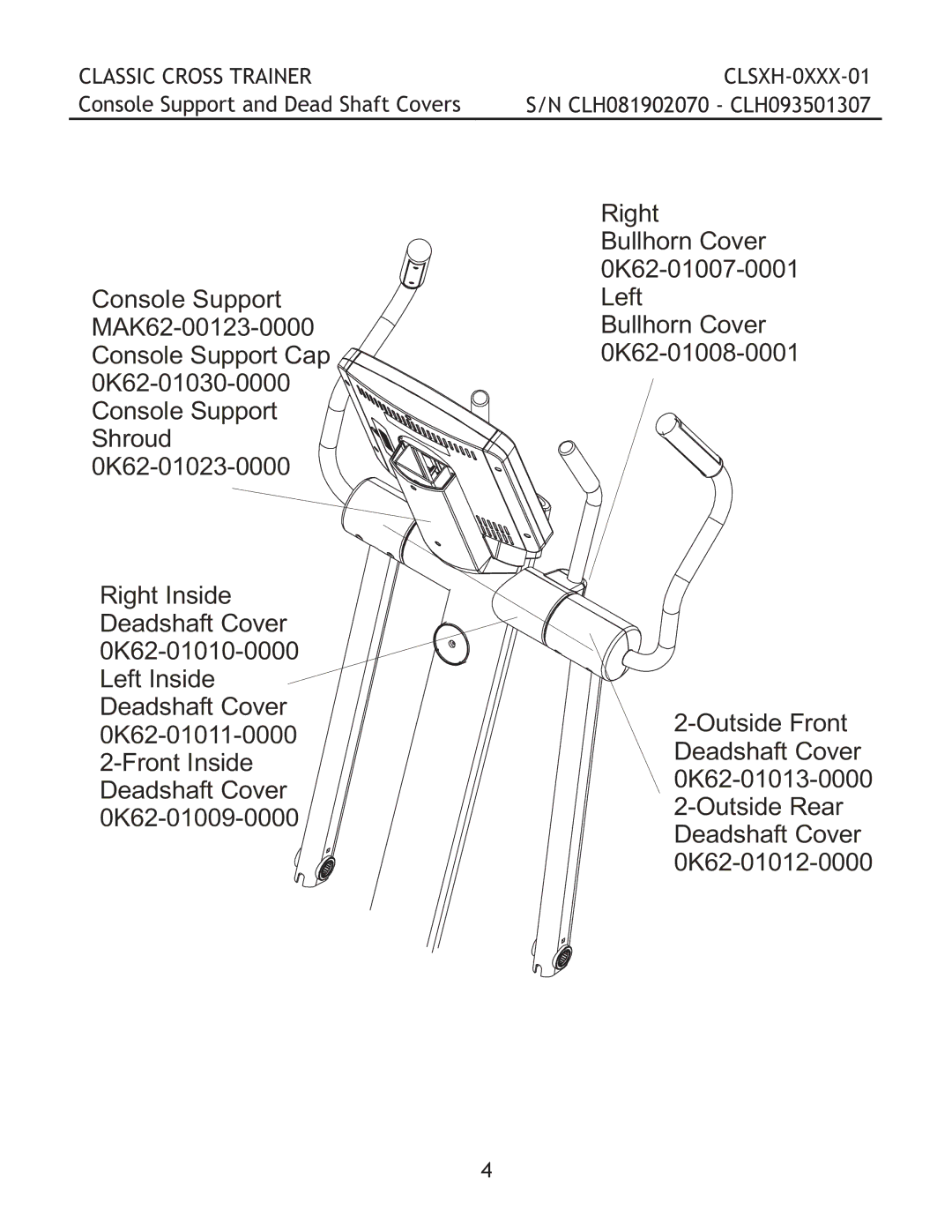 Life Fitness CLSXH-0XXX-01 manual Console Support and Dead Shaft Covers 