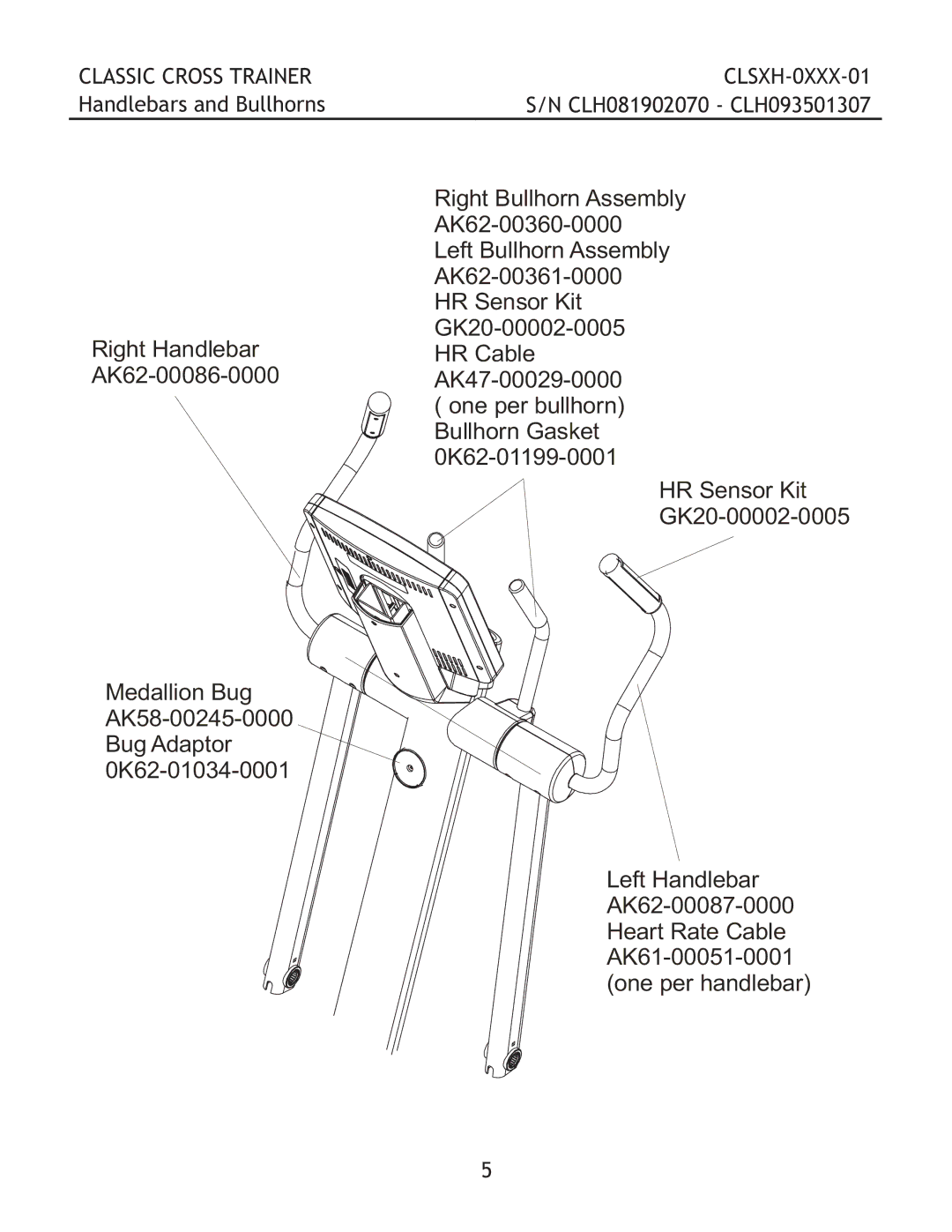 Life Fitness CLSXH-0XXX-01 manual Classic Cross Trainer Handlebars and Bullhorns 