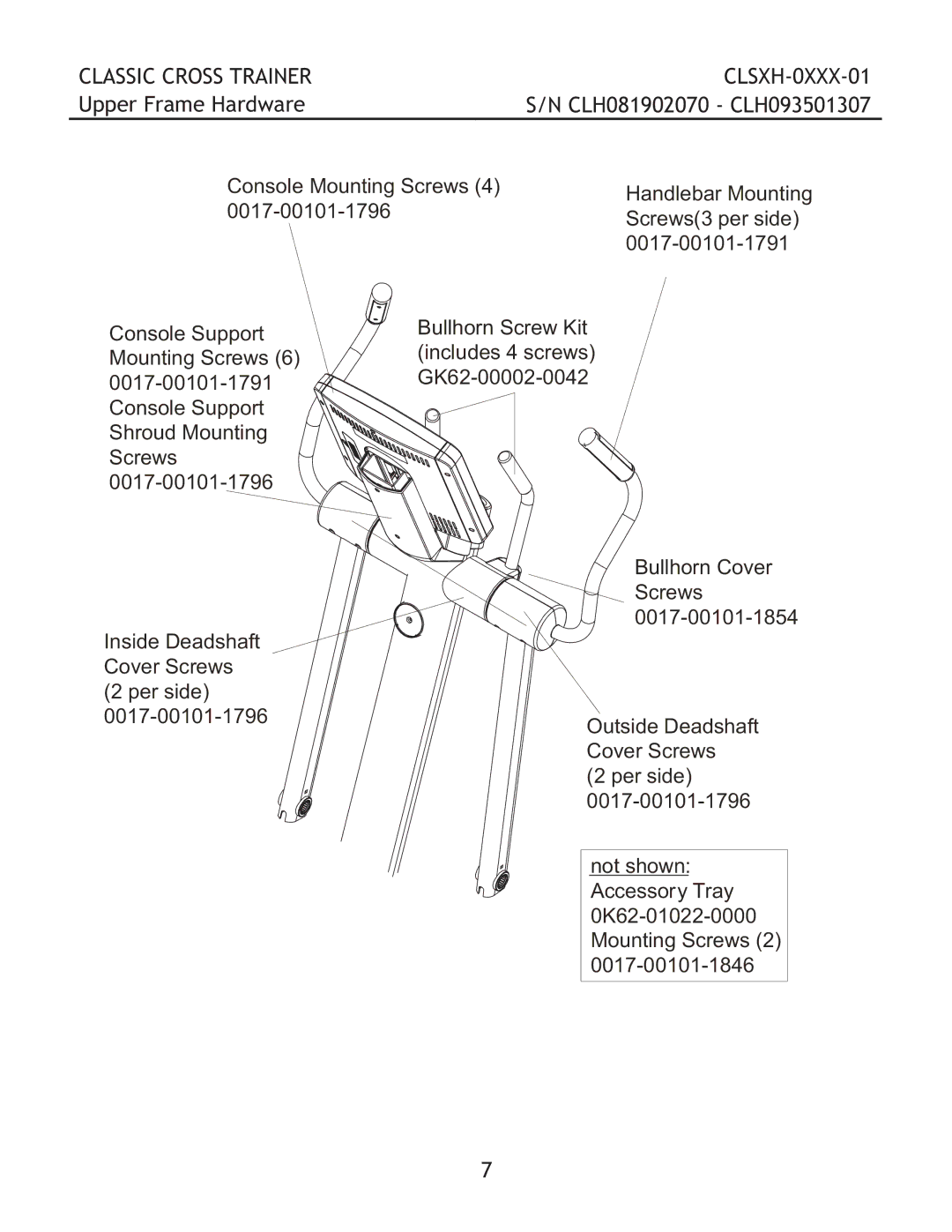 Life Fitness CLSXH-0XXX-01 manual Classic Cross Trainer, Upper Frame Hardware 