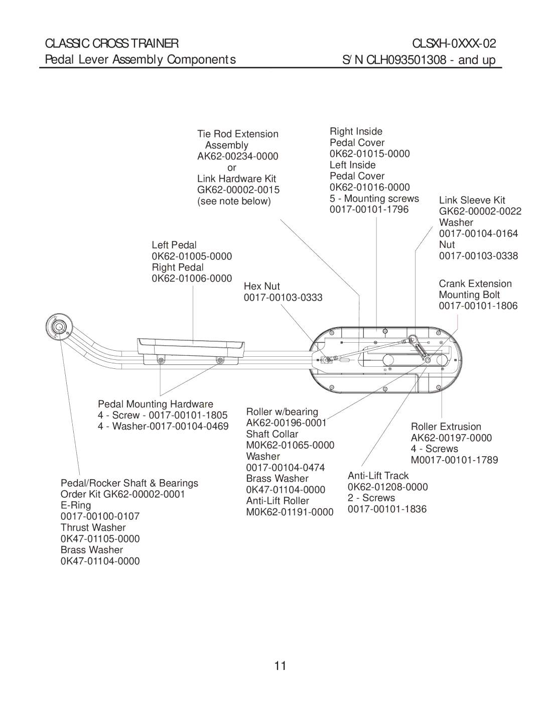 Life Fitness CLSXH-0XXX-02 manual Pedal Lever Assembly Components 