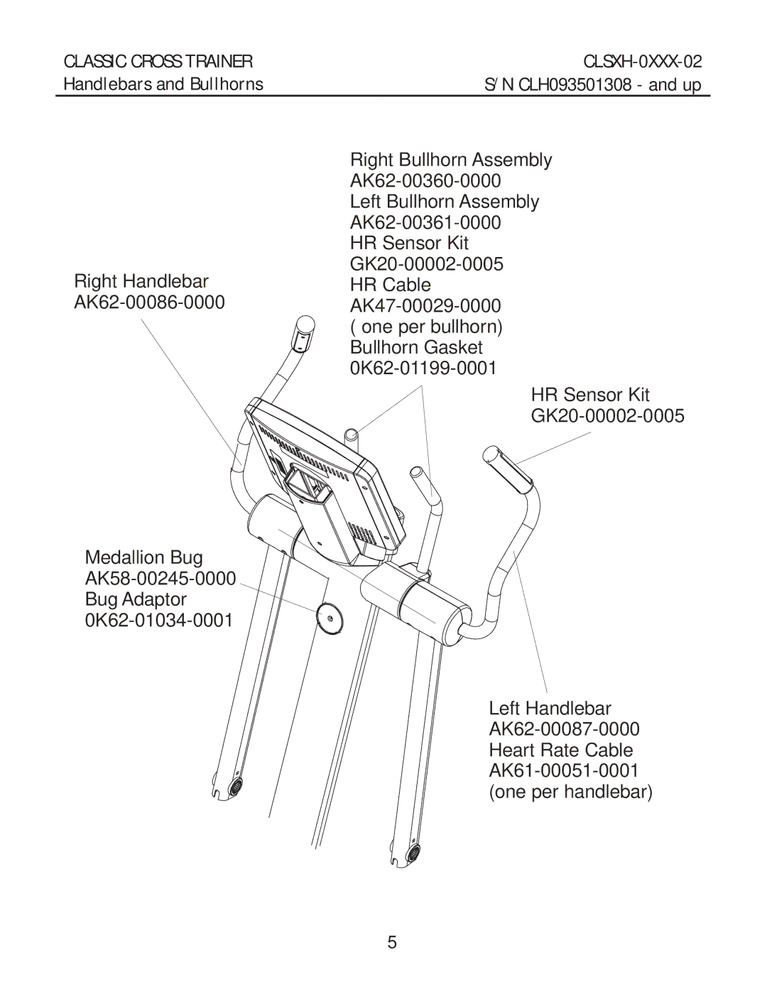 Life Fitness CLSXH-0XXX-02 manual Classic Cross Trainer Handlebars and Bullhorns, CLH093501308 and up 