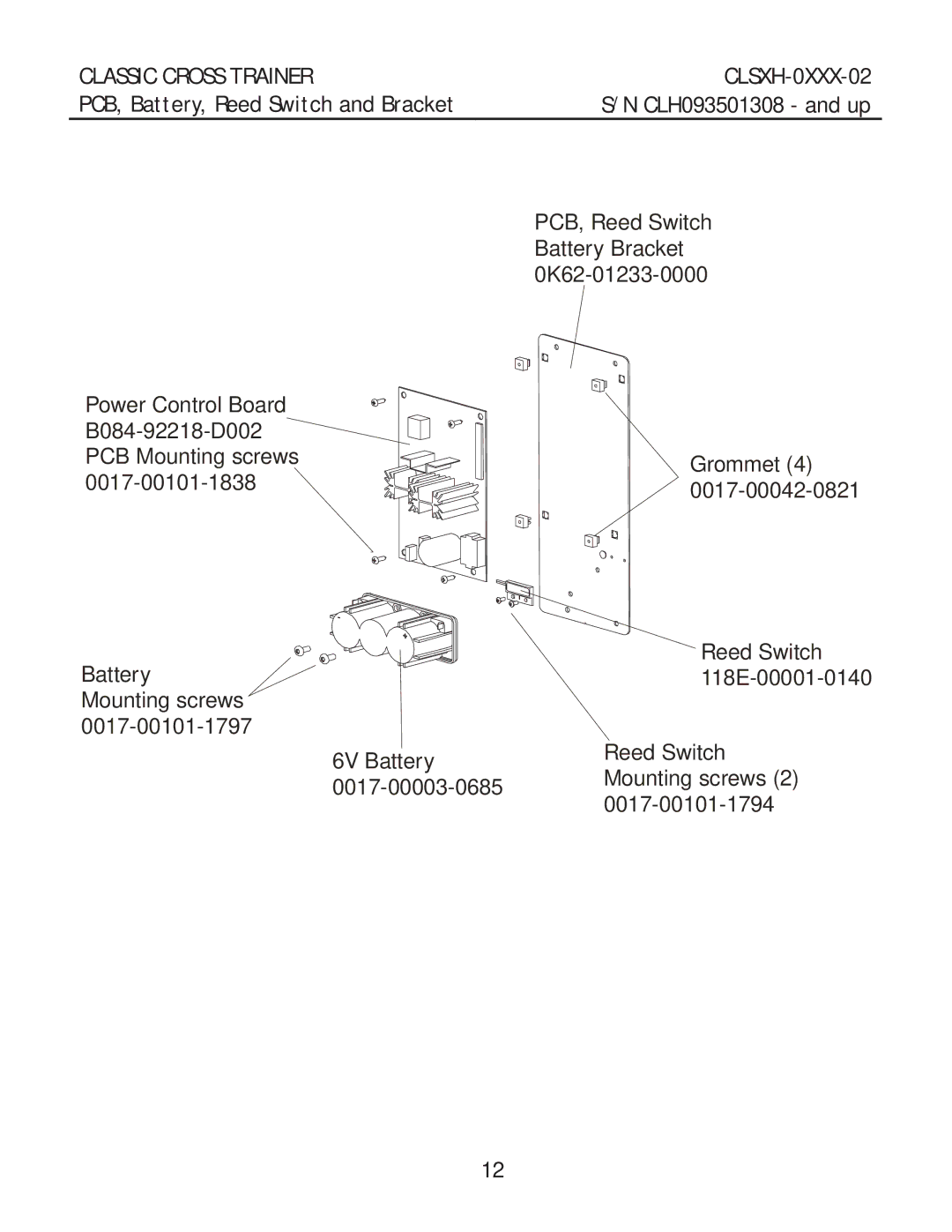 Life Fitness clsxh-oxxx-02 manual PCB, Battery, Reed Switch and Bracket 