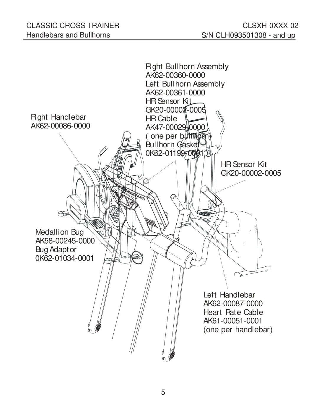 Life Fitness clsxh-oxxx-02 manual Classic Cross Trainer Handlebars and Bullhorns, CLH093501308 and up 