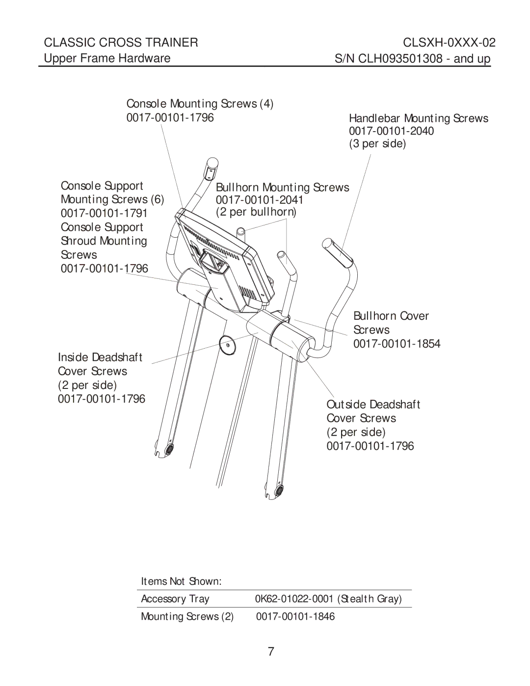 Life Fitness clsxh-oxxx-02 manual Upper Frame Hardware 