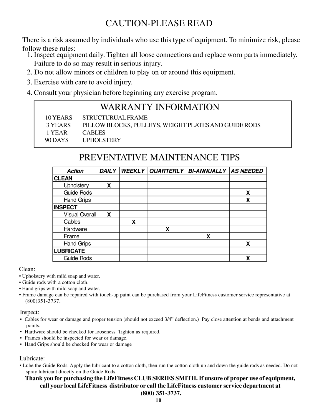 Life Fitness Club Machine manual Warranty Information 