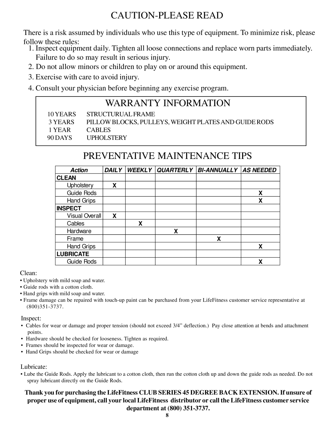 Life Fitness Club Series 45X manual Warranty Information 