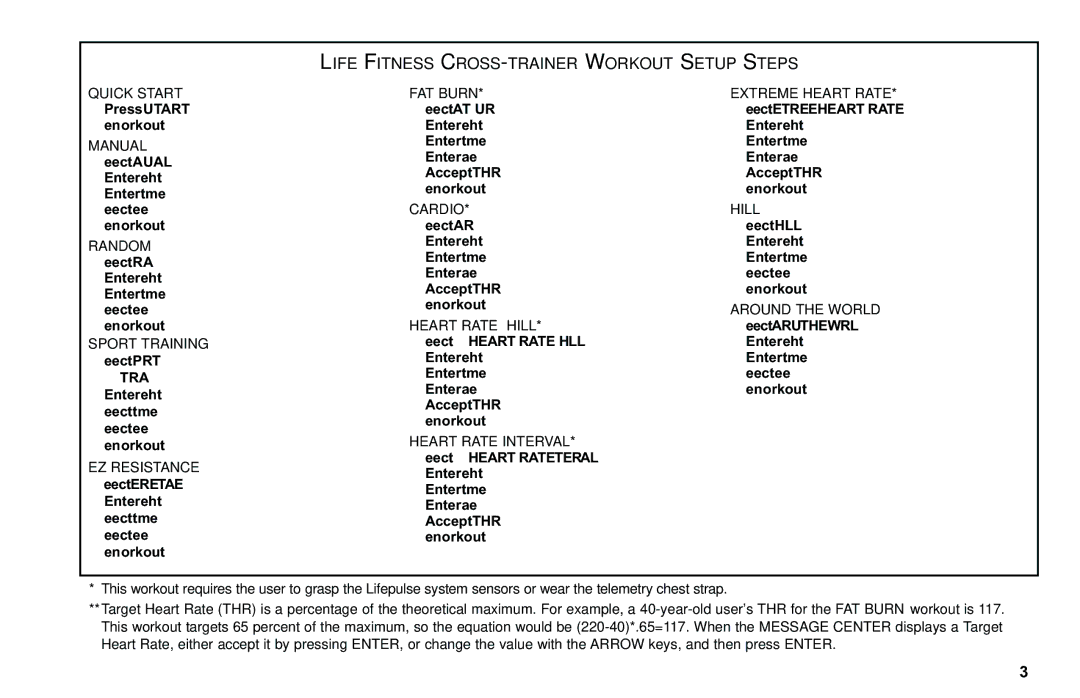 Life Fitness Club Series user manual Life Fitness CROSS-TRAINER Workout Setup Steps, Cardio 