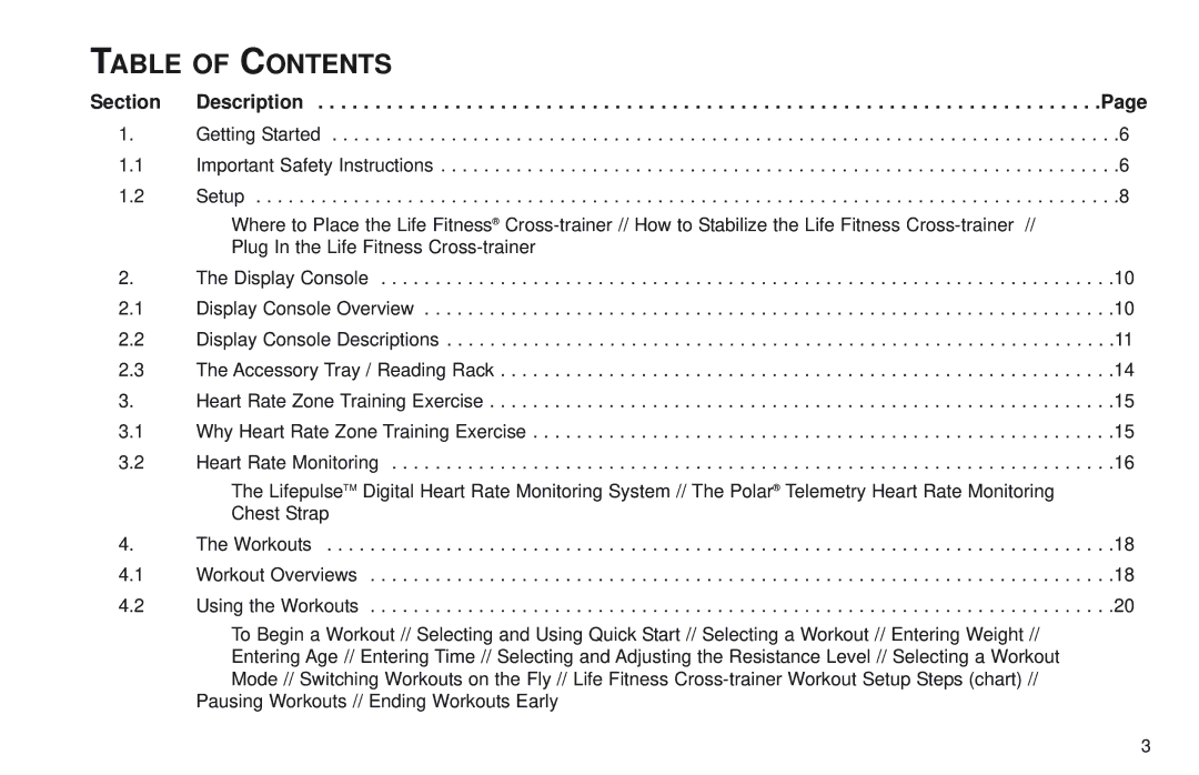 Life Fitness Club Series user manual Table of Contents 