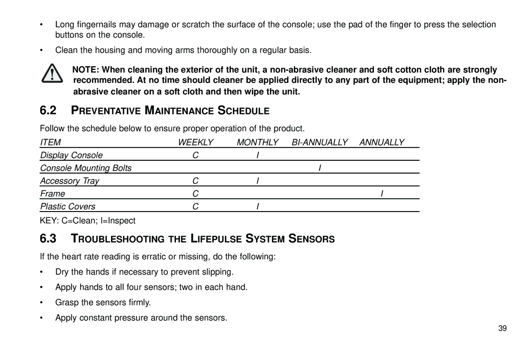 Life Fitness Club Series user manual Preventative Maintenance Schedule, Troubleshooting the Lifepulse System Sensors 