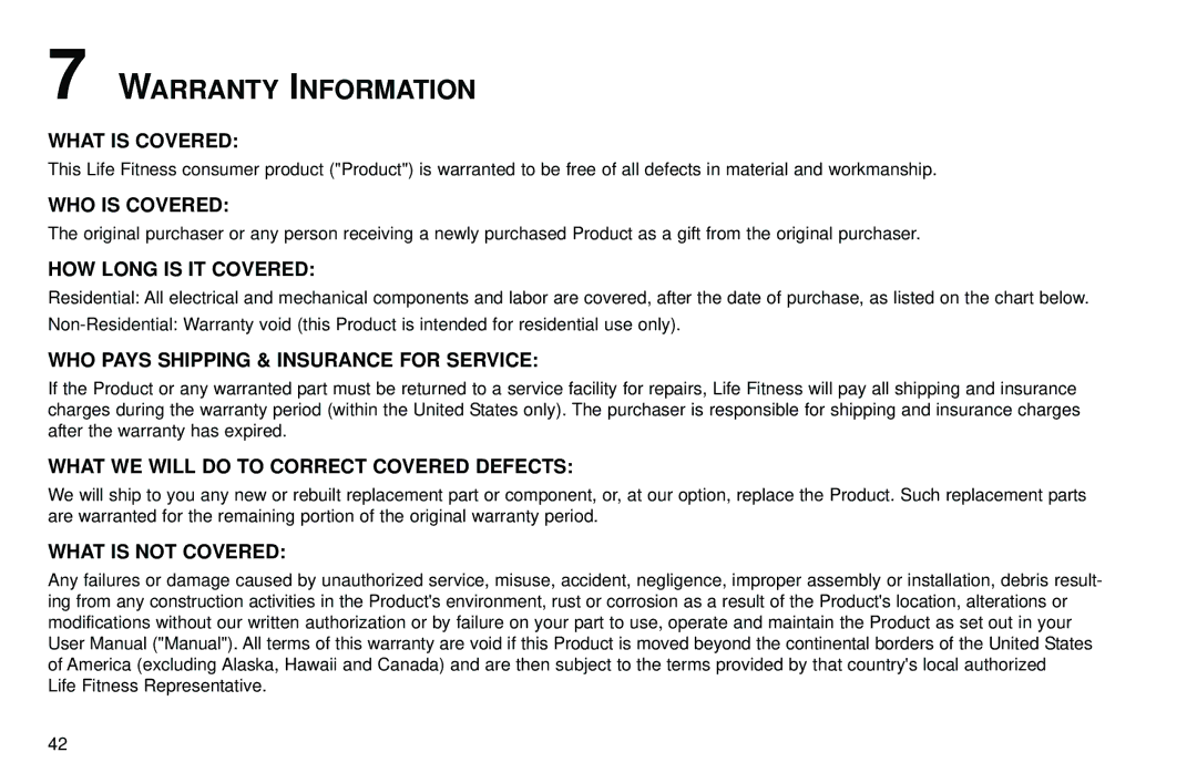 Life Fitness Club Series user manual Warranty Information, What is Covered 