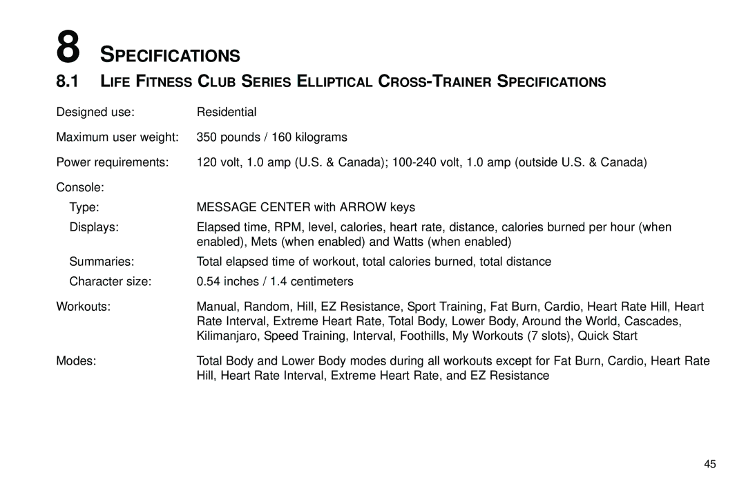 Life Fitness Club Series user manual Specifications 