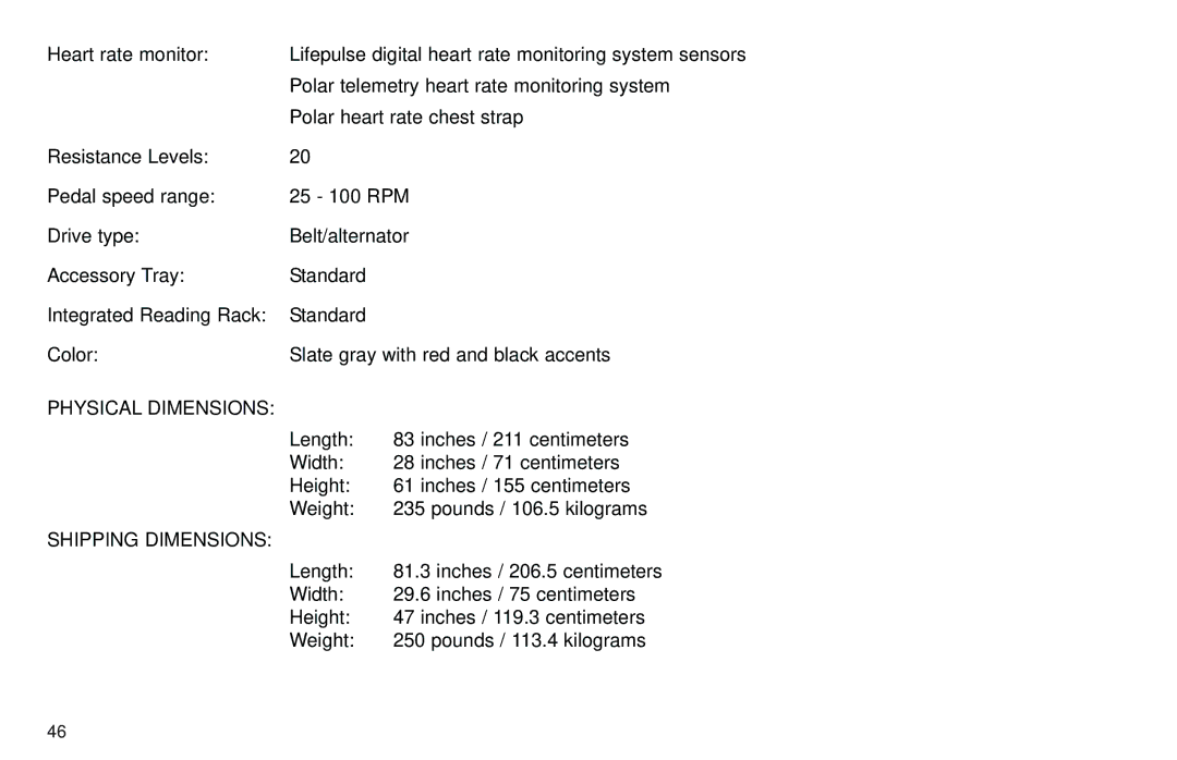 Life Fitness Club Series user manual Physical Dimensions 