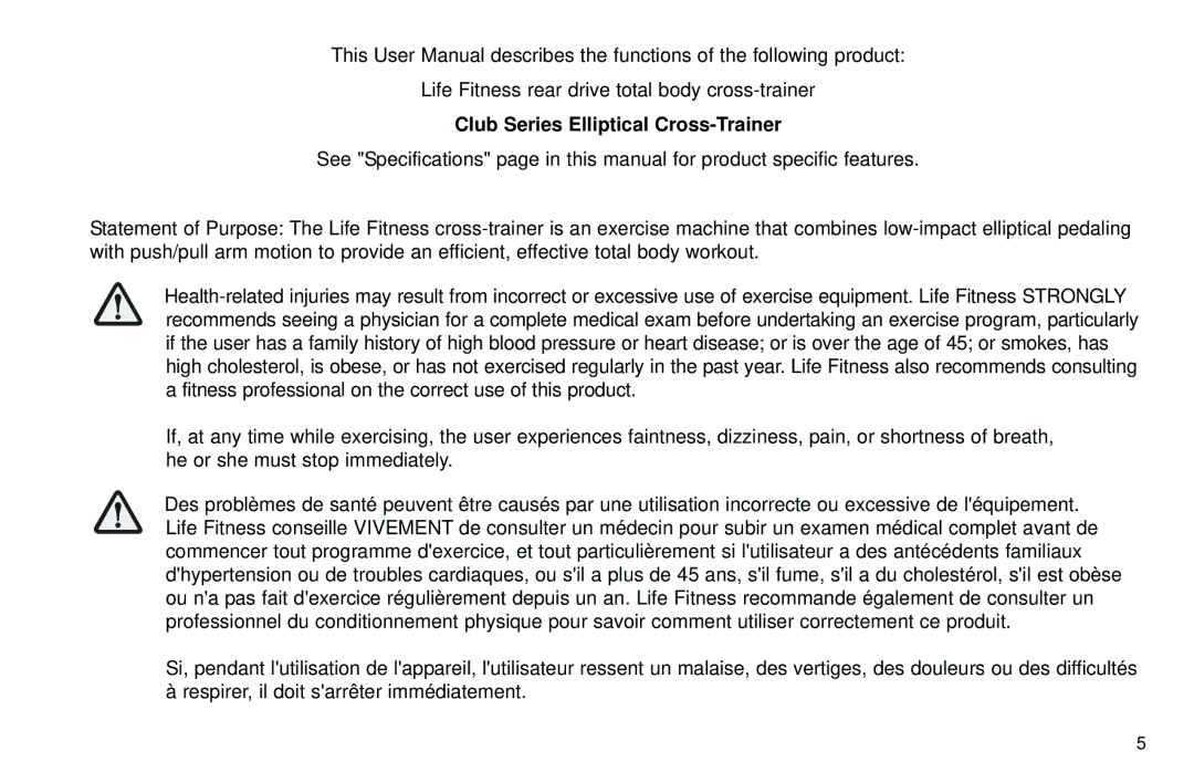 Life Fitness user manual Club Series Elliptical Cross-Trainer 