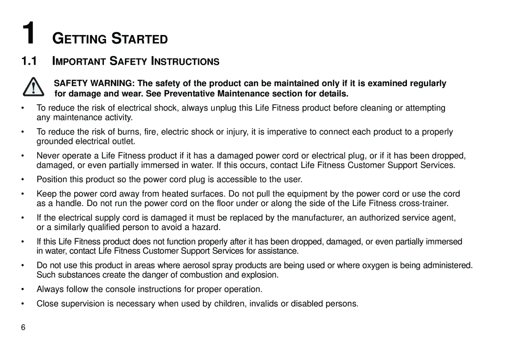 Life Fitness Club Series user manual Getting Started, Important Safety Instructions 