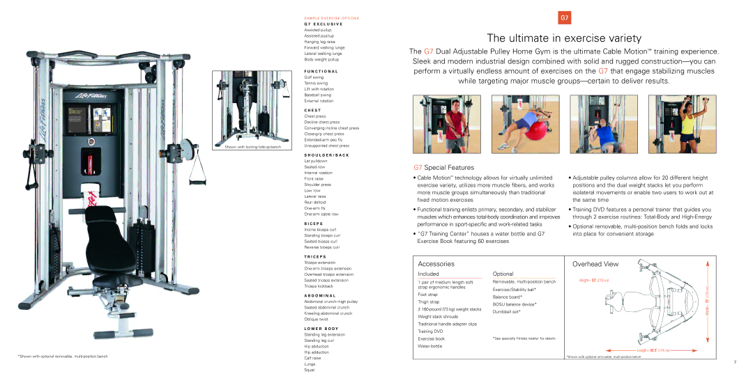 Life Fitness CM3 GS4 GS2G5 manual Ultimate in exercise variety, G7 Special Features, Accessories, Overhead View 