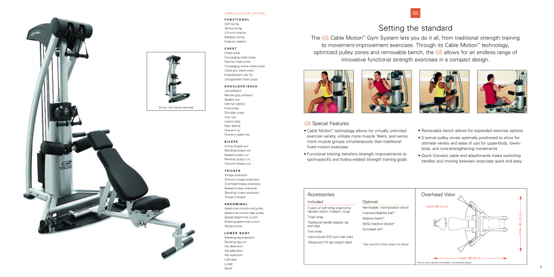 Life Fitness CM3 GS4 GS2G5 manual Setting the standard, G5 Special Features, Height= 83 210 cm Length= 89 226 cm 