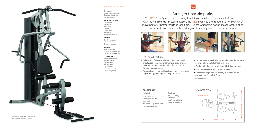 Life Fitness CM3 GS4 GS2G5 manual Strength from simplicity, GS2 Special Features, Included Optional, Length= 71 181cm 