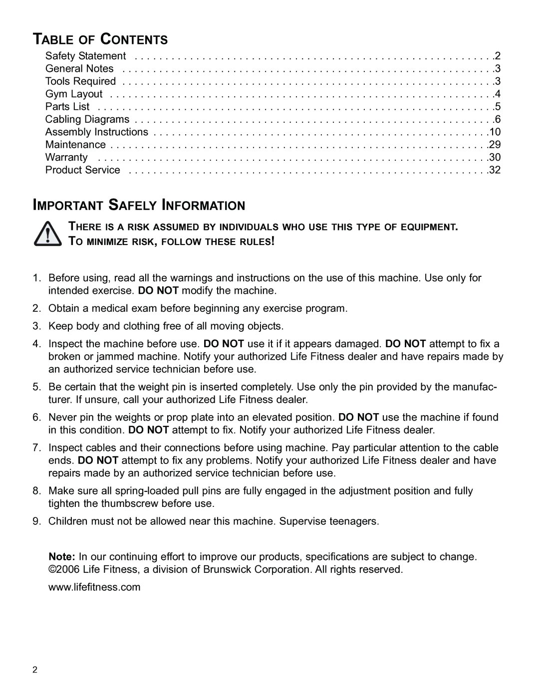 Life Fitness CM3 manual Table of Contents 