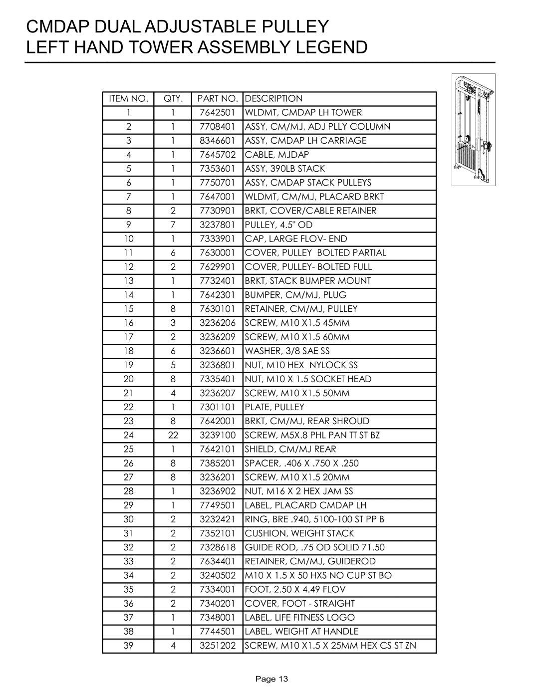 Life Fitness CMDAP manual Cmdap Dual Adjustable Pulley Left Hand Tower Assembly Legend 