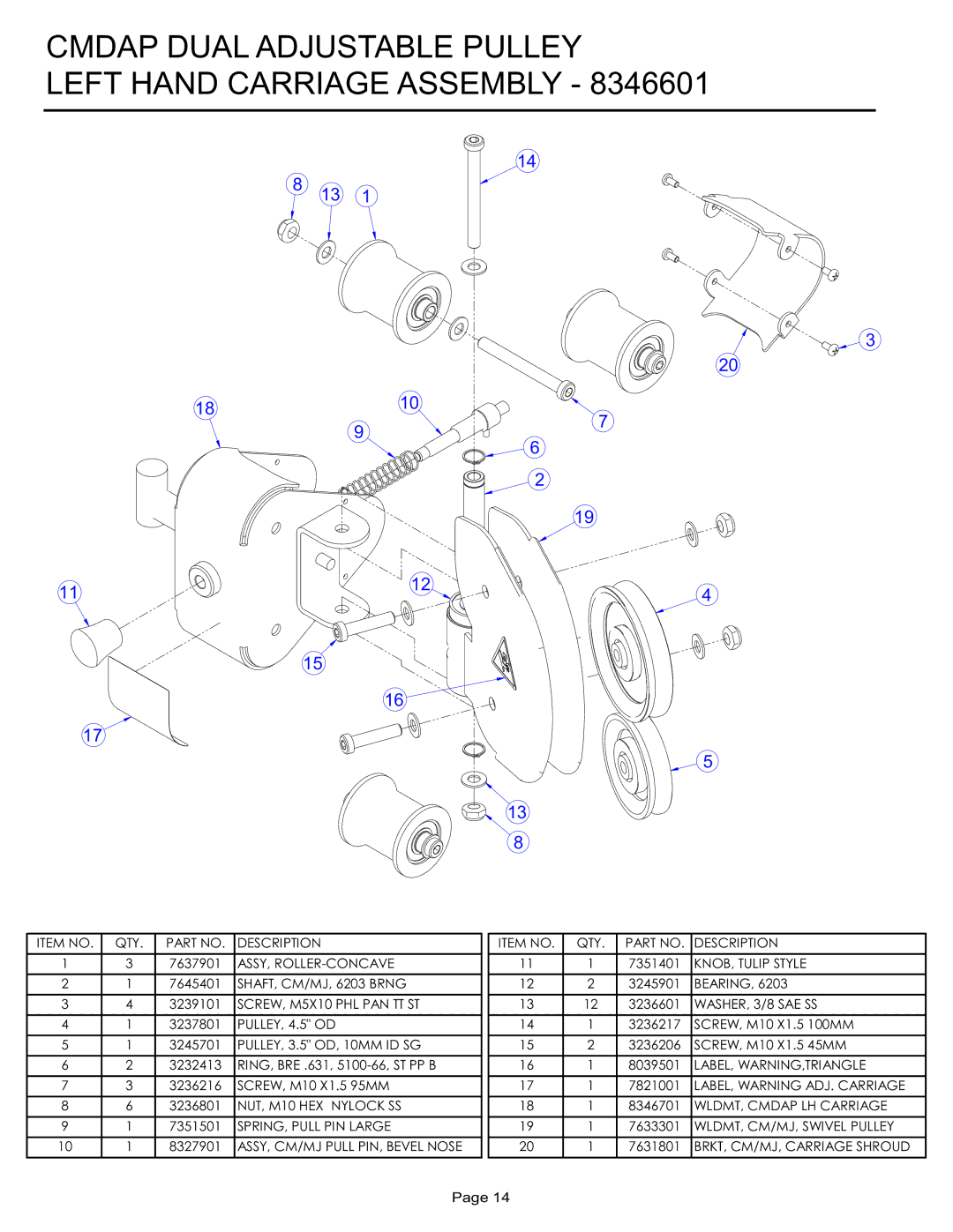 Life Fitness CMDAP manual Cmdap Dual Adjustable Pulley Left Hand Carriage Assembly 