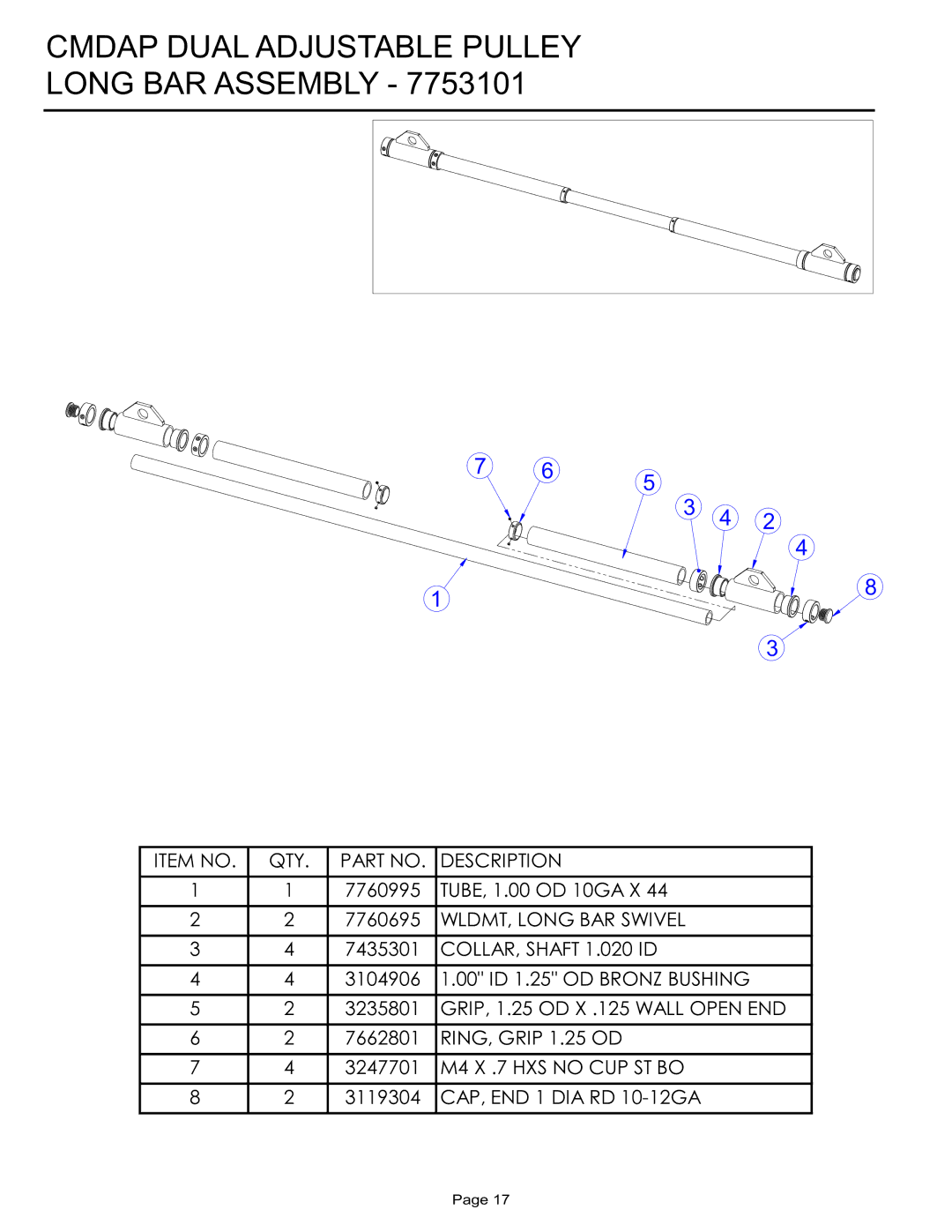 Life Fitness CMDAP manual Cmdap Dual Adjustable Pulley Long BAR Assembly 