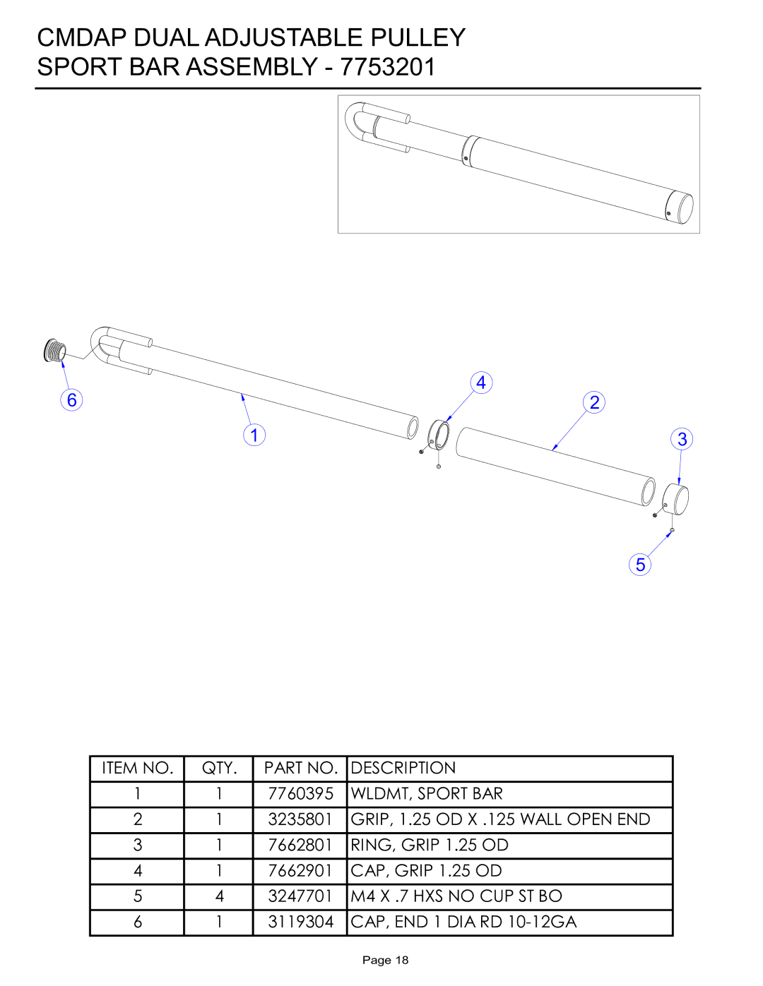 Life Fitness CMDAP manual Cmdap Dual Adjustable Pulley Sport BAR Assembly 