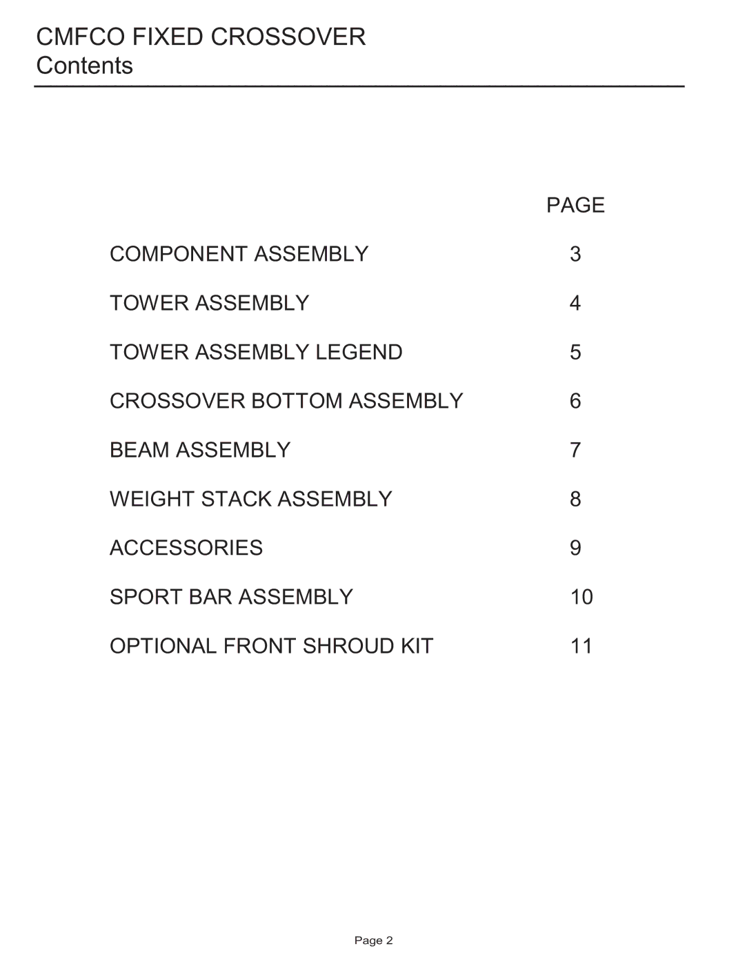 Life Fitness CMFCO manual Cmfco Fixed Crossover, Contents 