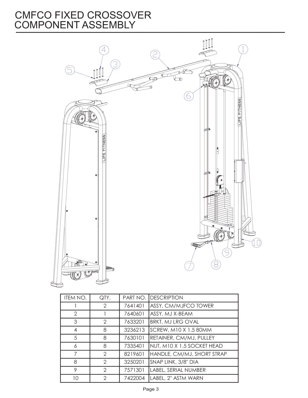 Life Fitness CMFCO manual Cmfco Fixed Crossover Component Assembly 