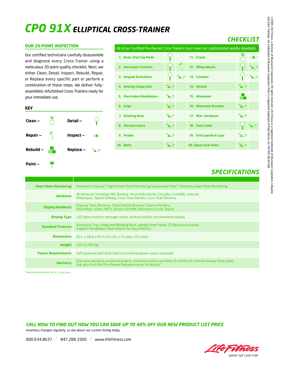 Life Fitness CPO 91X manual Checklist, Specifications 