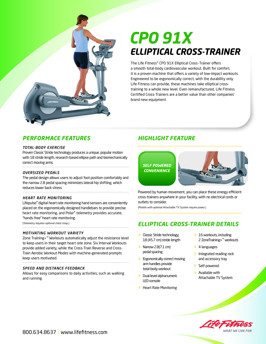 Life Fitness CPO 91X manual Performace Features, Highlight Feature, Elliptical Cross-Trainer Details, Total-Body Exercise 