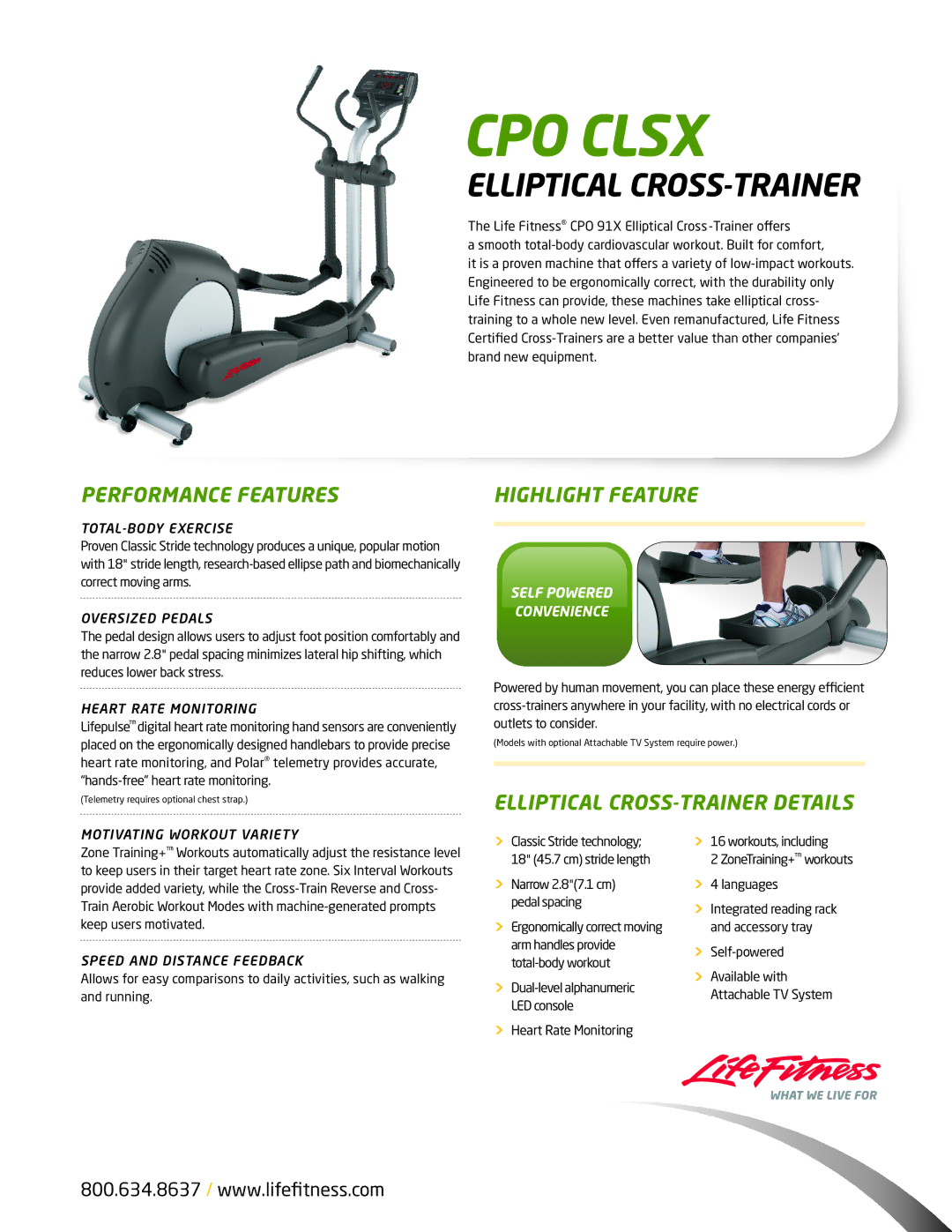 Life Fitness CPO CLSX manual Performance Features Highlight Feature, Elliptical CROSS-TRAINER Details 