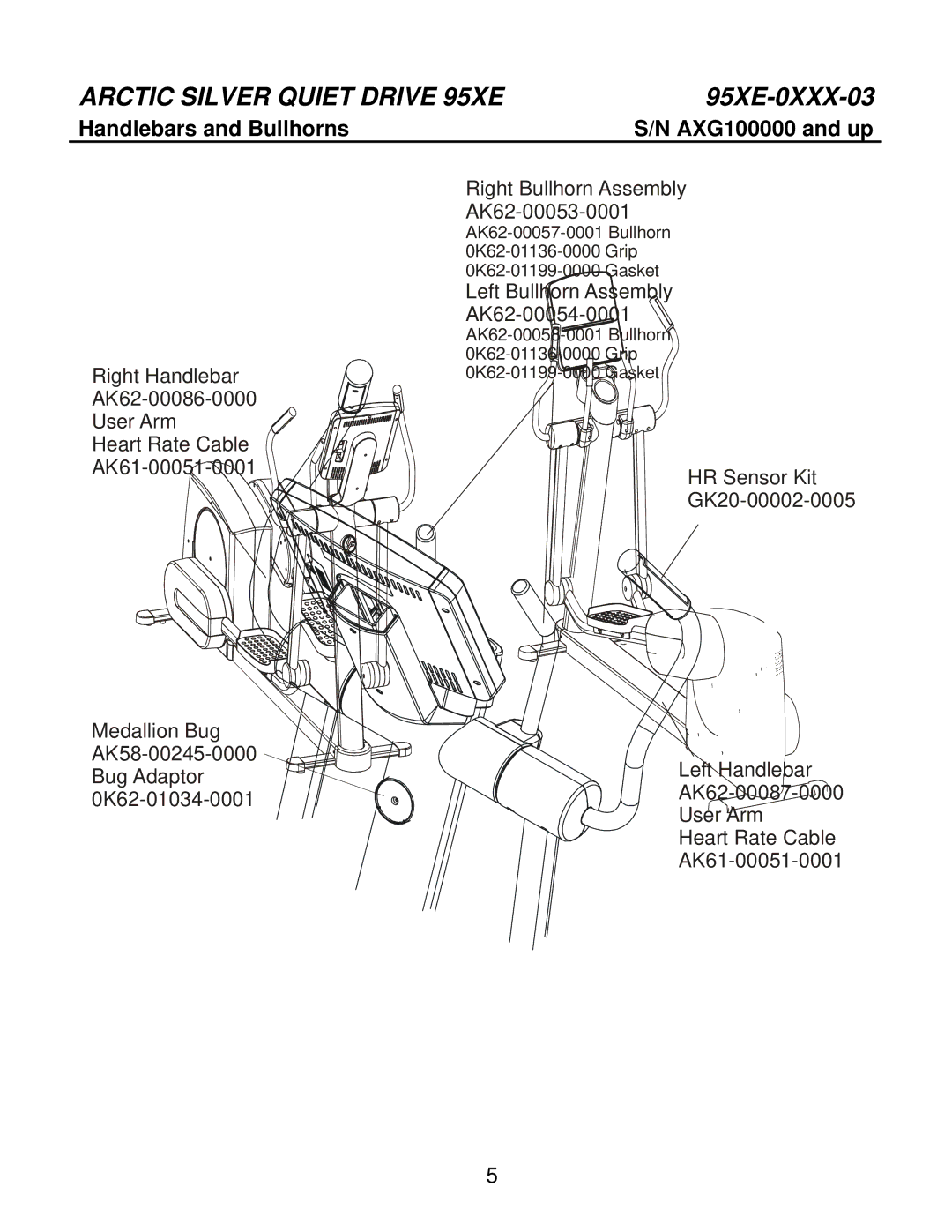 Life Fitness Cross-Trainer manual Arctic Silver Quiet Drive 95XE, Handlebars and Bullhorns AXG100000 and up 