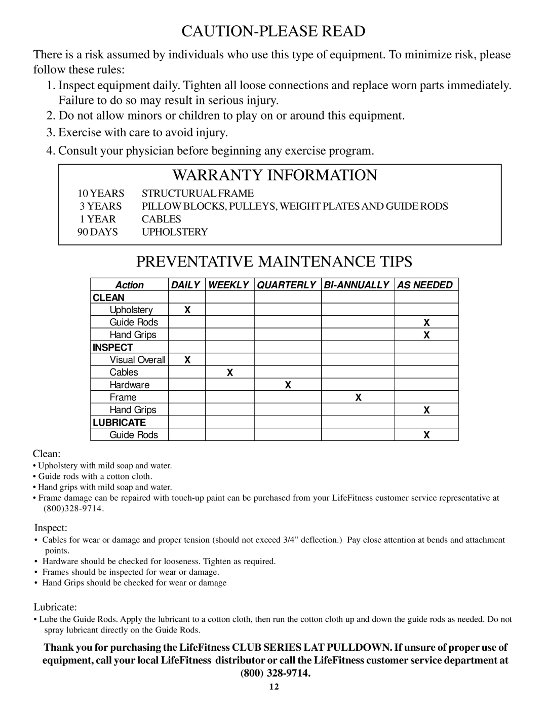 Life Fitness CSLAT manual Warranty Information 