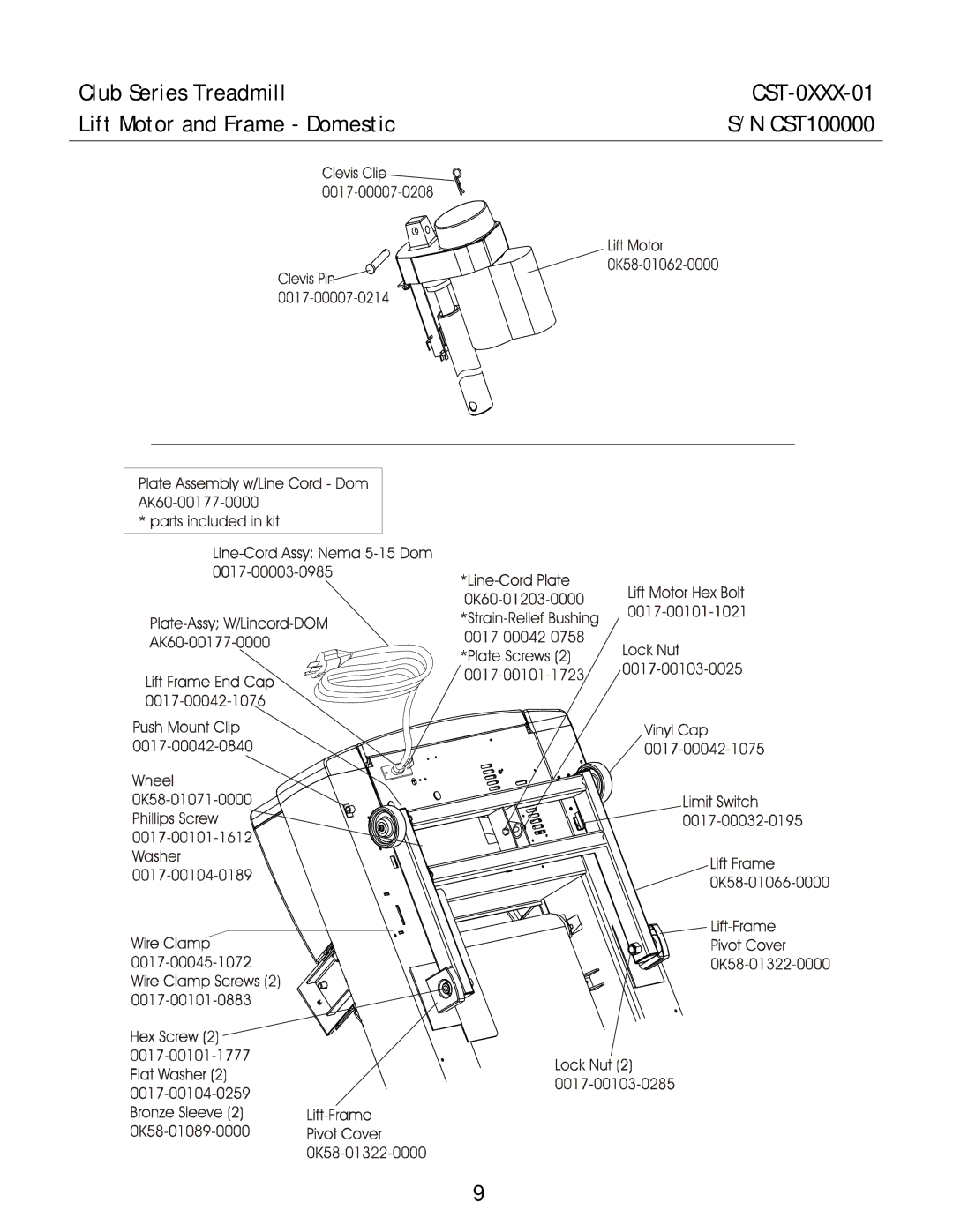 Life Fitness CST-0XXX-01 manual Lift Motor and Frame Domestic 