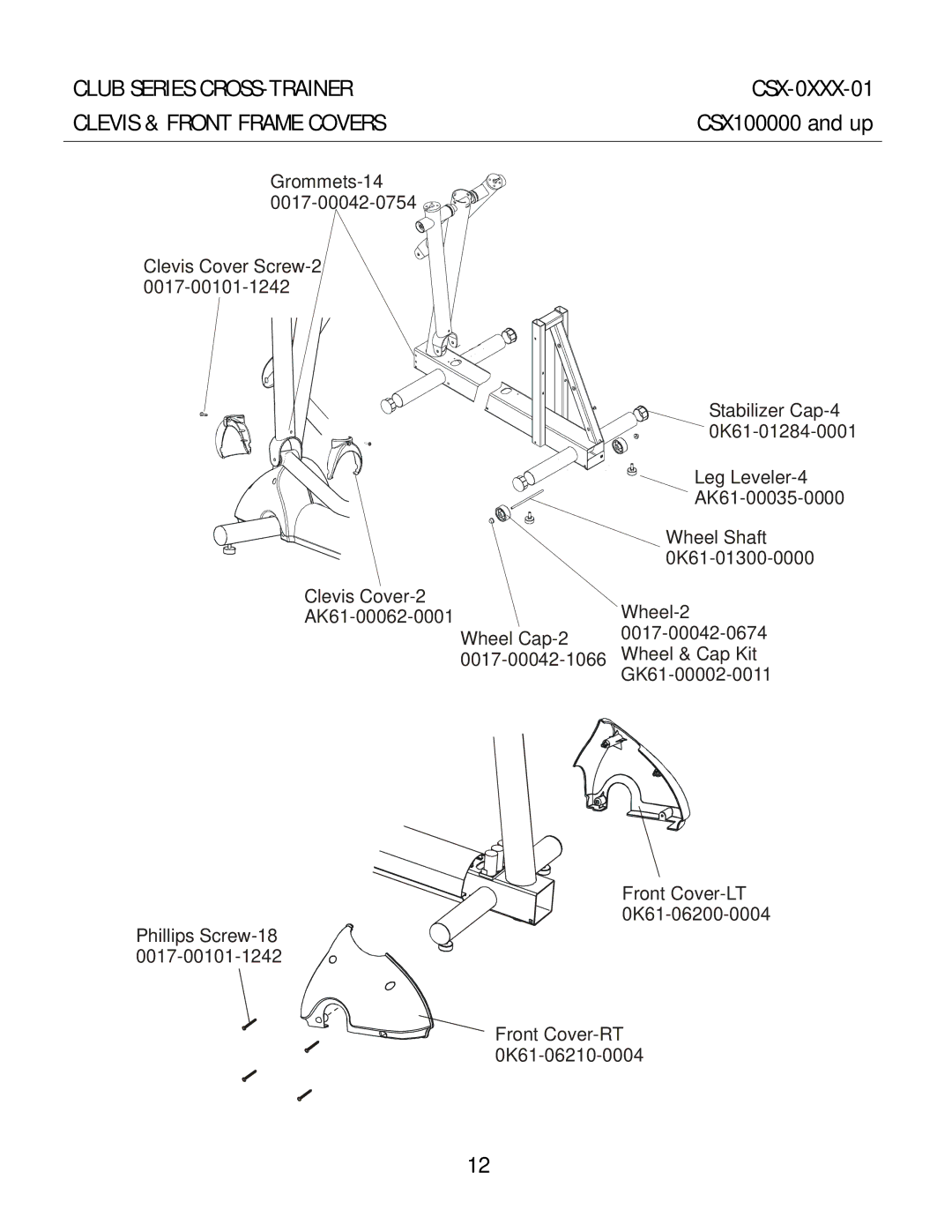 Life Fitness CSX-01 manual Club Series CROSS-TRAINER, Clevis & Front Frame Covers 