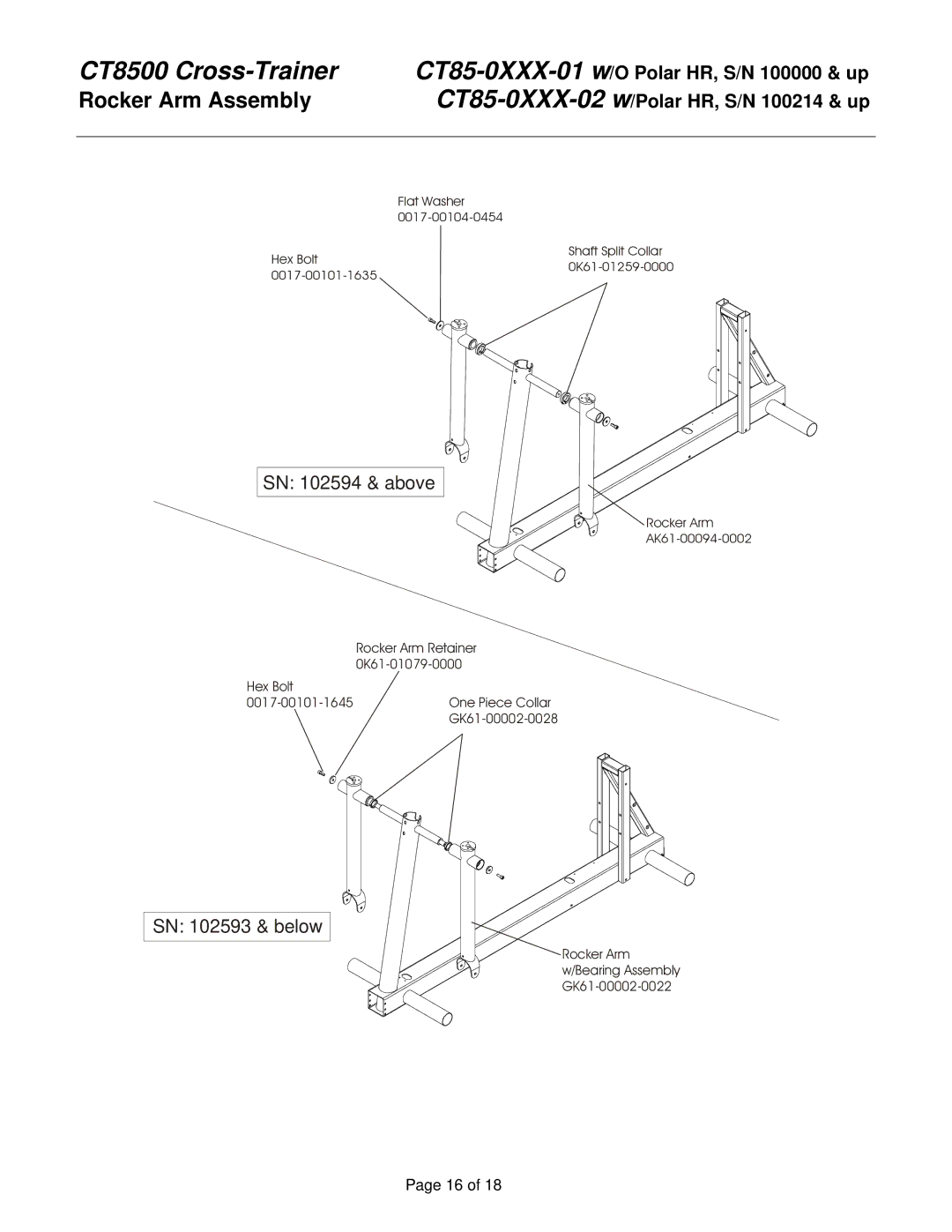 Life Fitness CT85-0XXX-02 service manual Rocker Arm Assembly, SN 102594 & above 