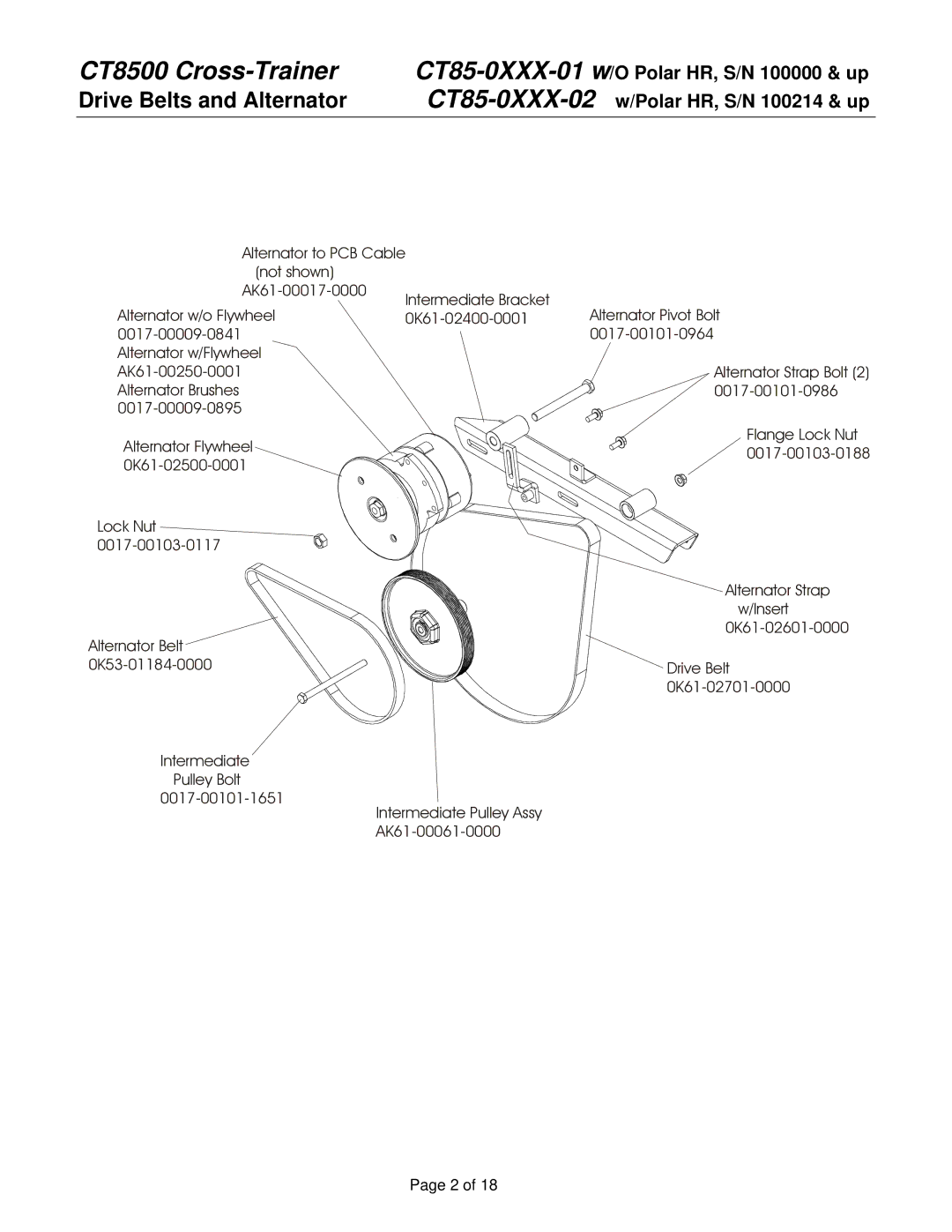 Life Fitness CT85-0XXX-02 service manual Drive Belts and Alternator 