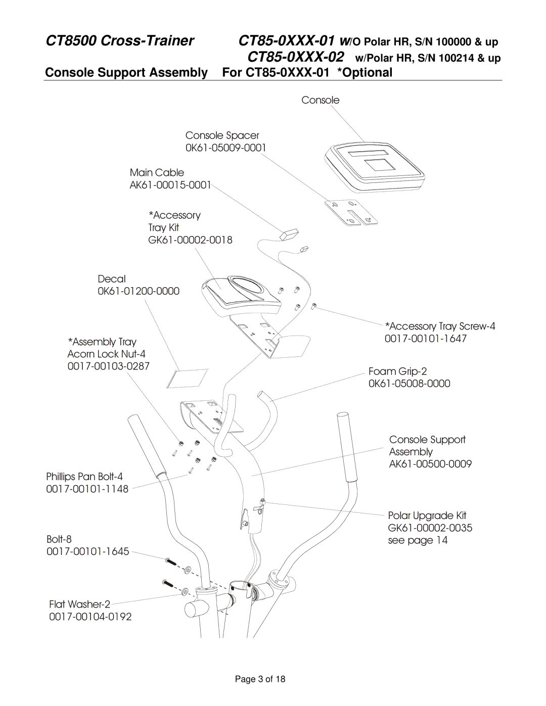 Life Fitness CT85-0XXX-02 service manual Console Support Assembly For CT85-0XXX-01 *Optional 