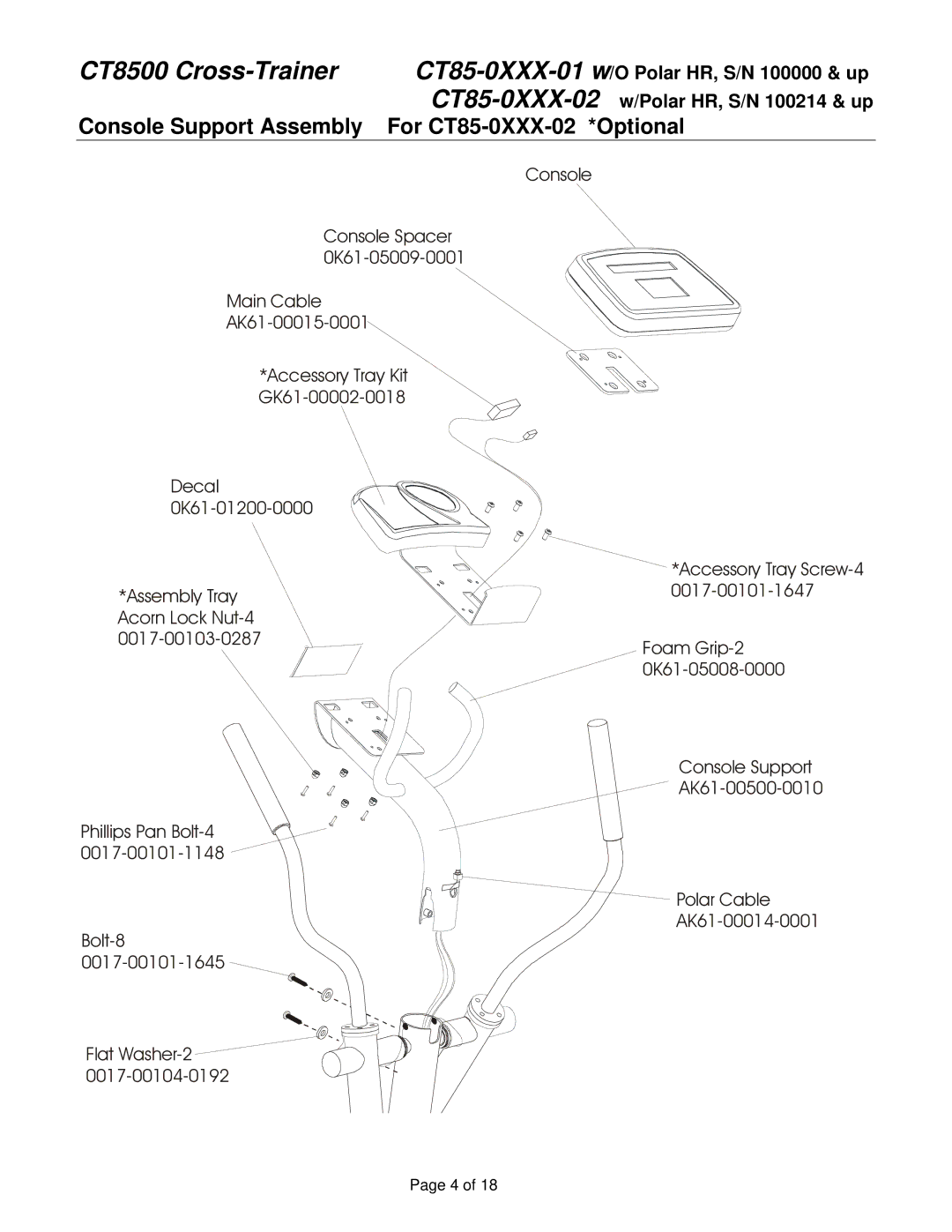 Life Fitness service manual Console Support Assembly For CT85-0XXX-02 *Optional 