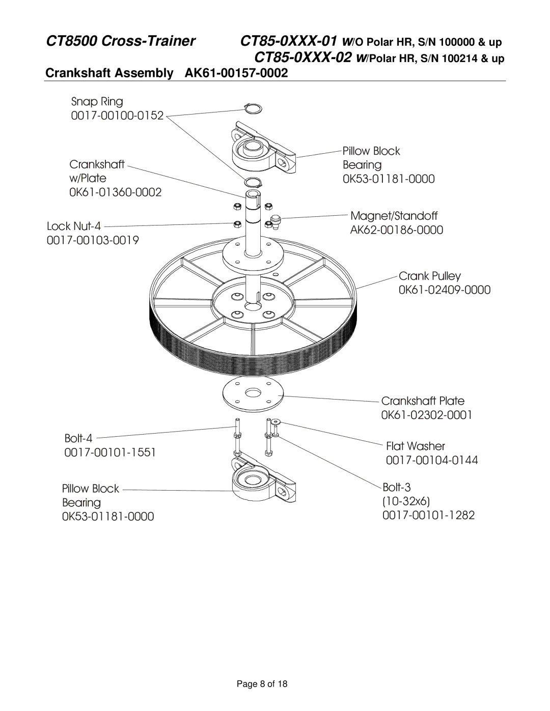 Life Fitness CT85-0XXX-02 service manual Crankshaft Assembly AK61-00157-0002 