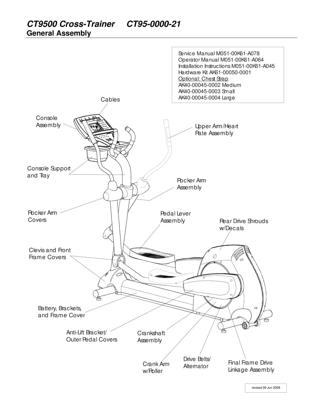 Life Fitness service manual CT9500 Cross-Trainer CT95-0000-21, General Assembly 