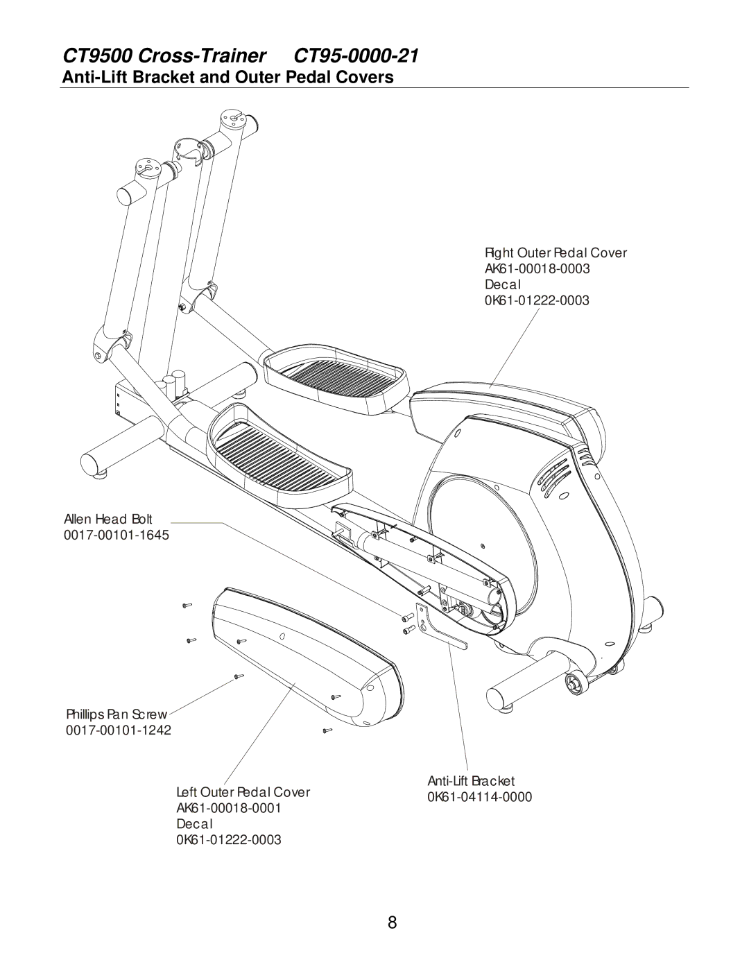 Life Fitness CT95-0000-21 service manual Anti-Lift Bracket and Outer Pedal Covers 