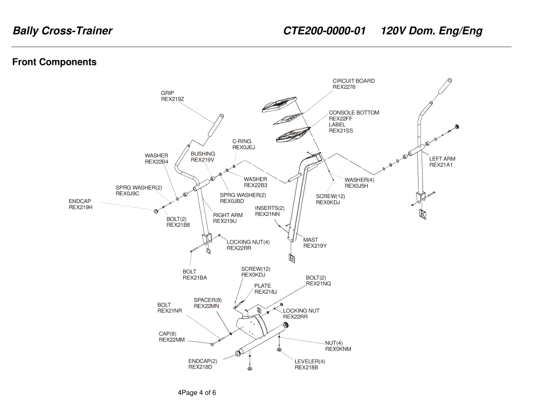 Life Fitness CTE200-0000-01 manual Front Components 